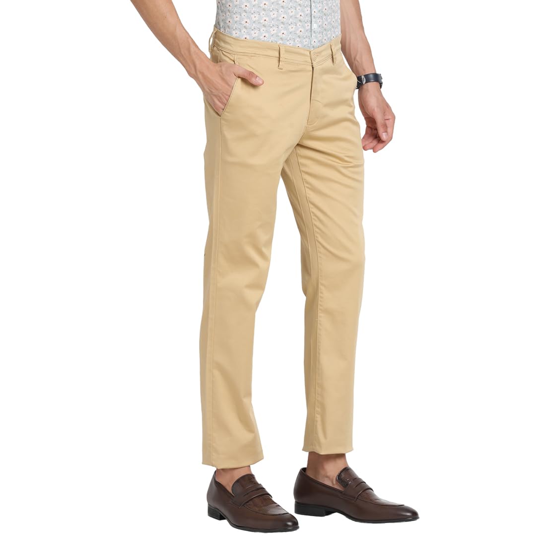 Turtle Men Cotton Stretch Ultra Slim Fit Beige Casual Trouser