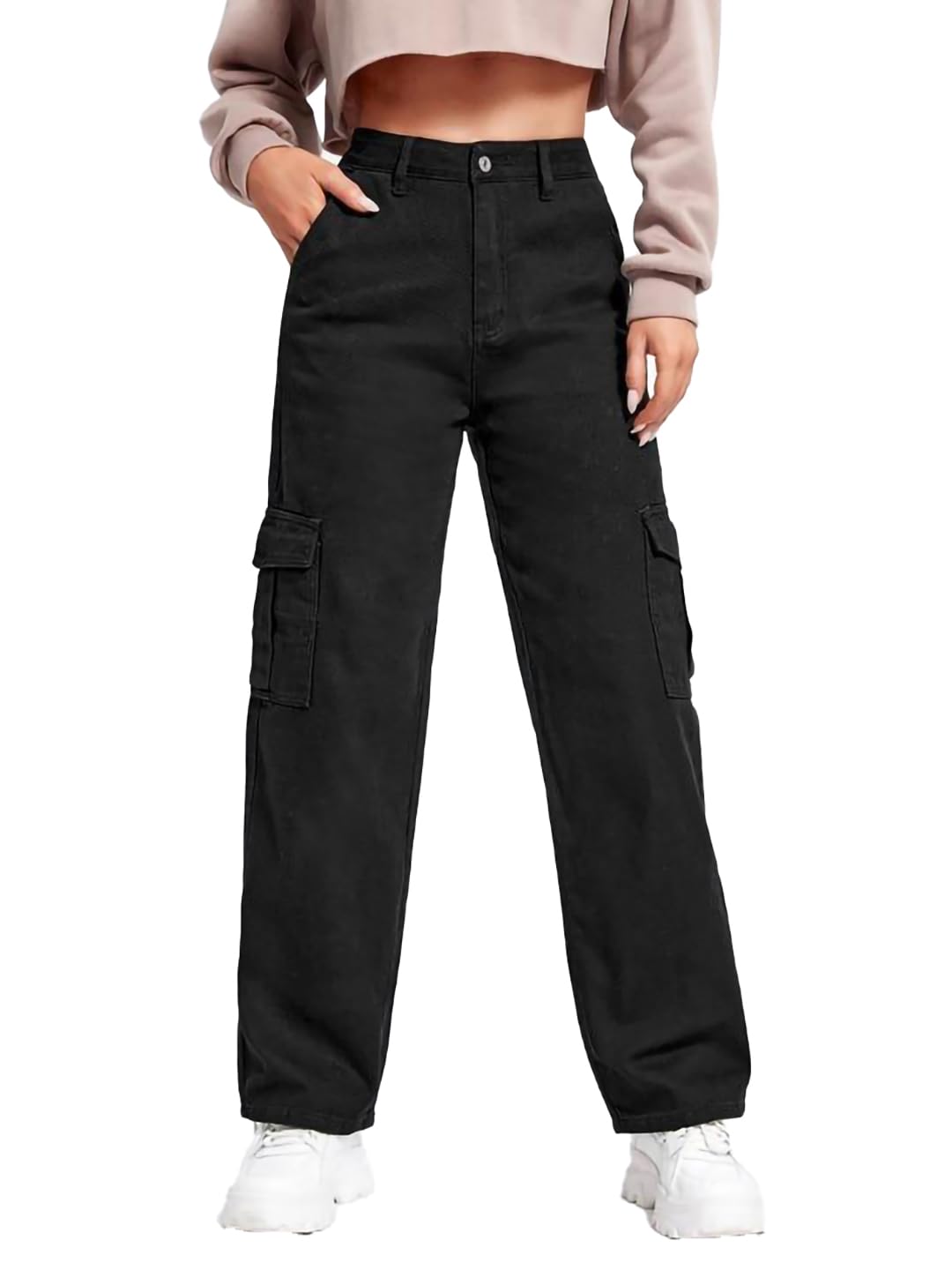 Kotty WomenS Solid High Waist Relaxed Fit Cotton Lycra Blend Cargo Jeans Jet Black