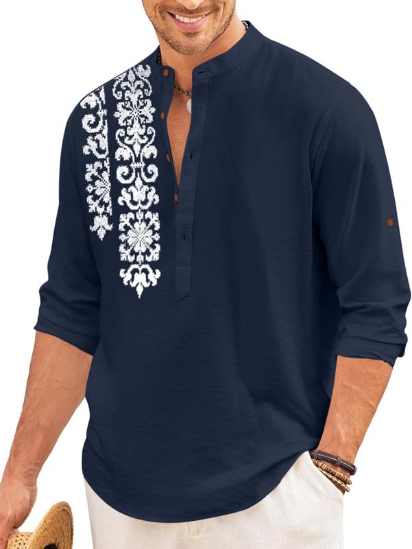 ROYALSCOUT Mens Regular Fit Stylish Embroidered Design Cotton Blend Full Sleeve Short Straight Kurta Shirt Navy
