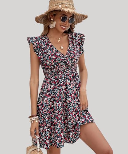 GRECIILOOKS Western Dress for Women| Floral Print Wrap V Neck Dress| Ruffle Sleeve Western Dress| Mini Summer Short Dress| Dress