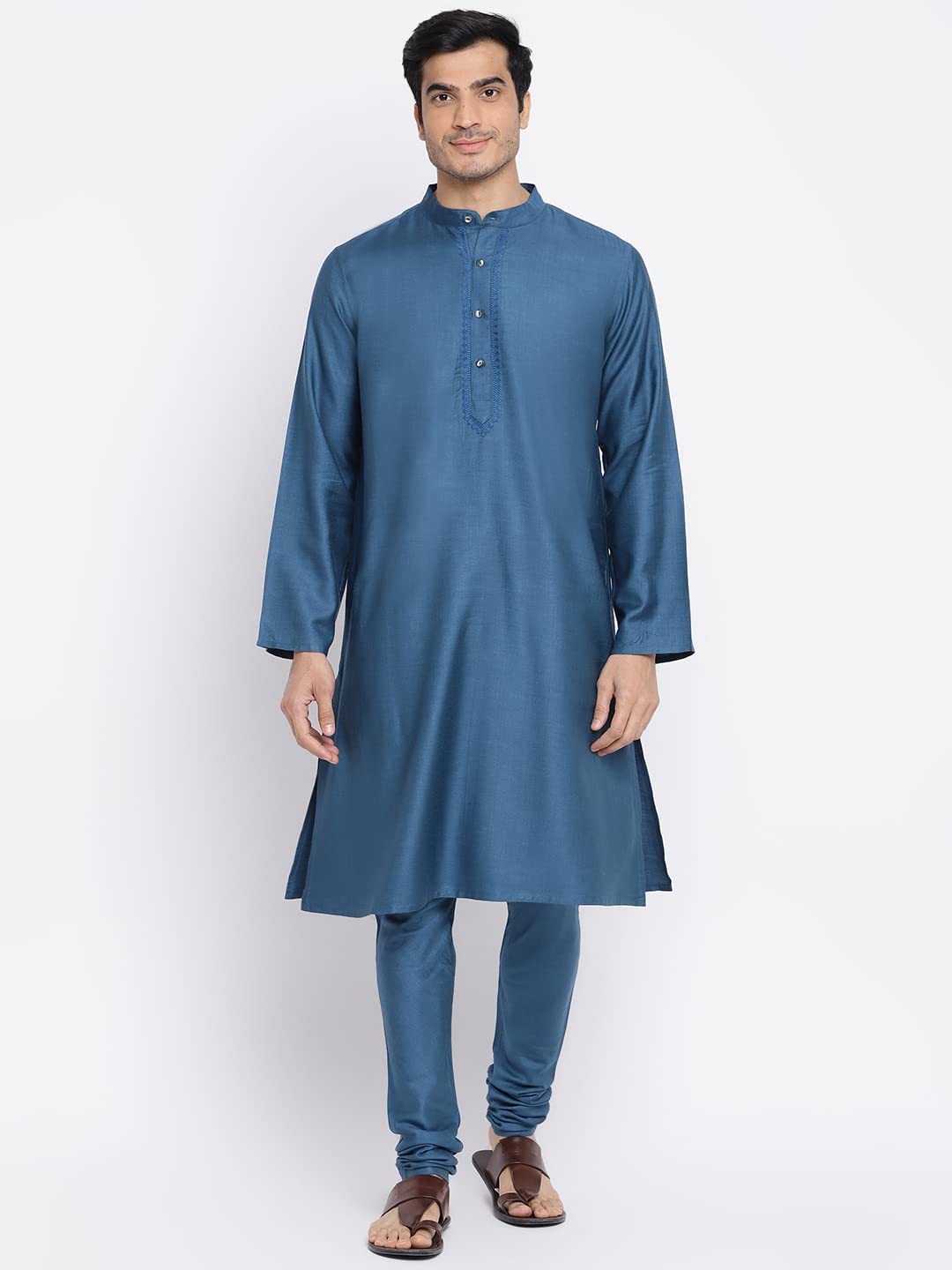 Fabindia Men Viscose Silk Woven Set Blue_XXL