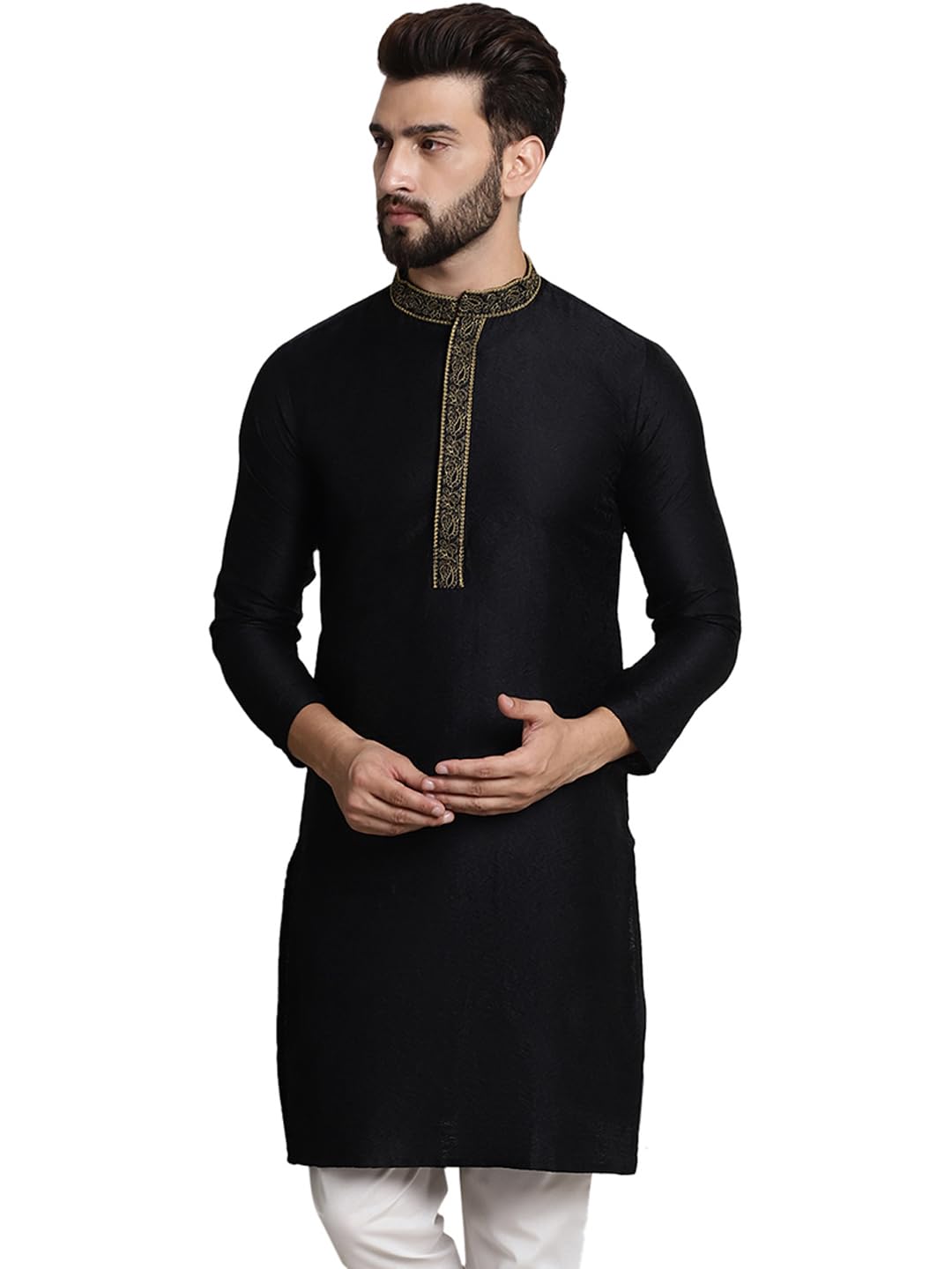 SOJANYA (Since 1958 Men's Silk Blend Black Color only Long Kurta with Neck Embroidery