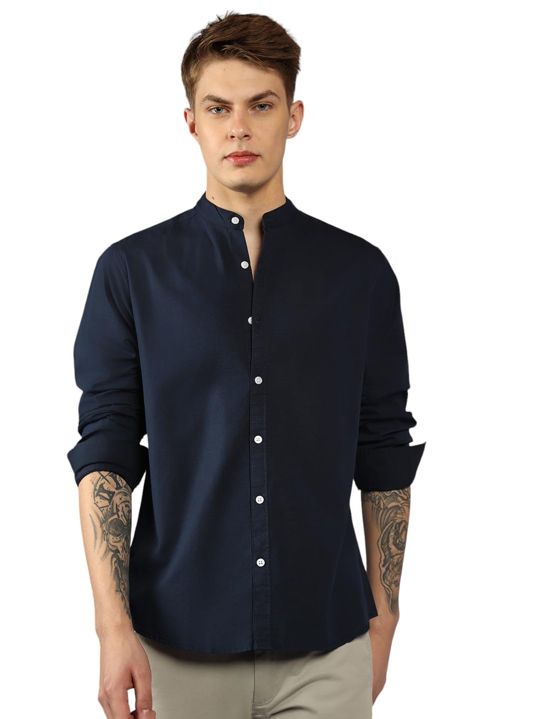 Dennis Lingo MenS| Dark Blue| Full Sleeve| Mandarin Collar| Solid| Relaxed Fit| Casual Shirt