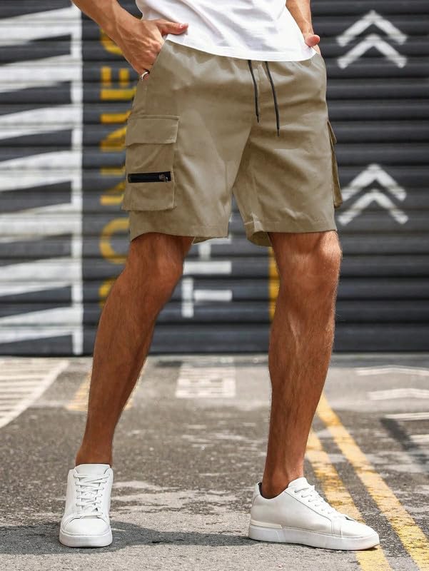 SMOWKLY Mens Cotton Casual Relaxed Regular Fit Camo Cargo Shorts || Drawstring & Elastic Waist Multi Pocket Summer Beach Hiking