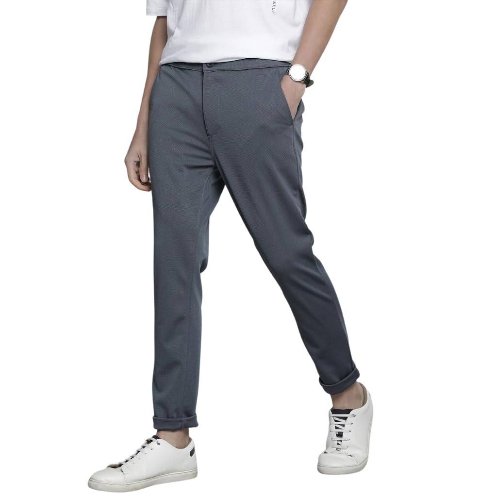 The Indian Garage Co Men Slim Fit Solid Mid-Rise Stretchable Knitted Jogger Trousers Steel Grey