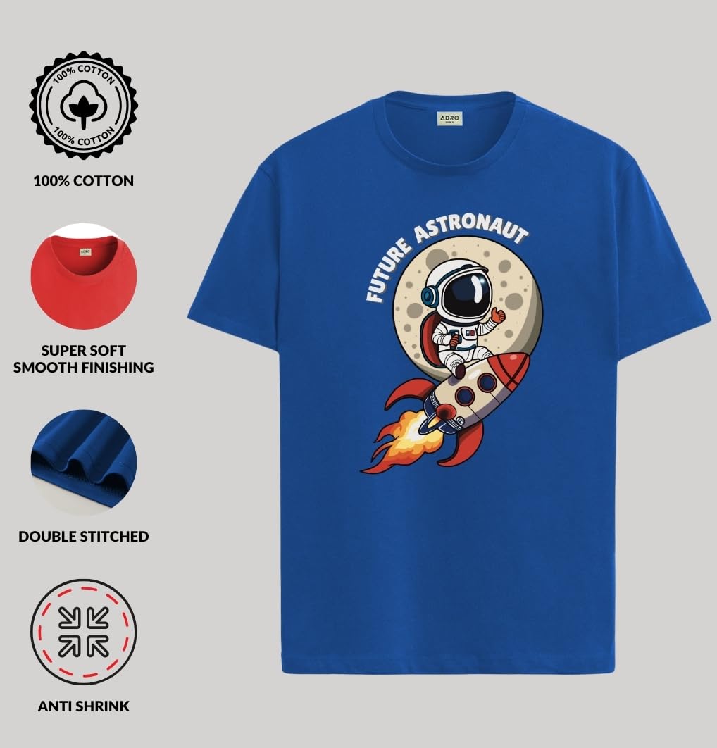 ADRO T Shirts for Boys & Girls | Astronaut Printed T-Shirt | Ages 3-14 | 100% Cotton Round Neck Tshirt for Boys |KRN-L2-ASTRO-RB