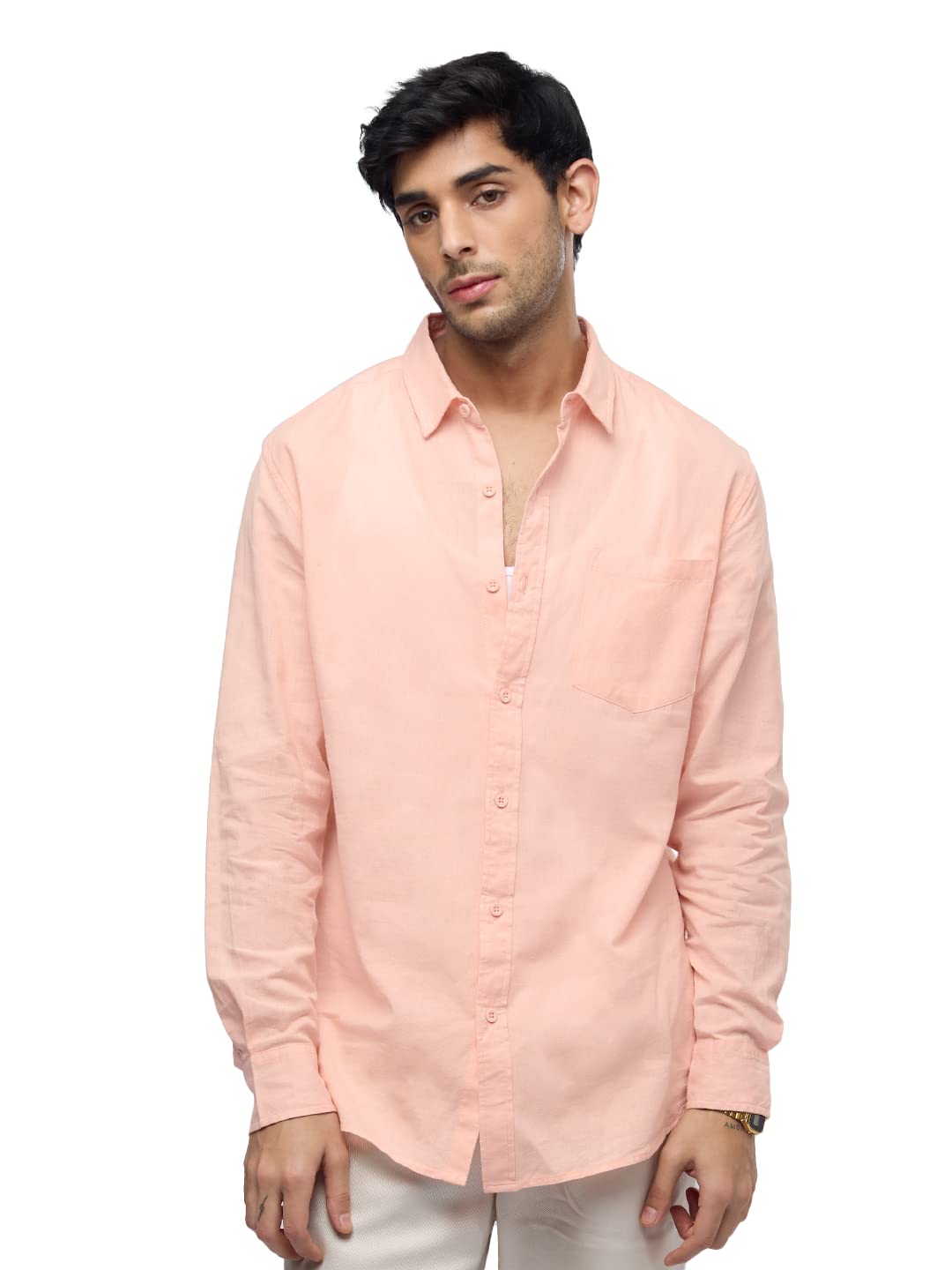 The Souled Store Solids: Lobster Bisque Men and Boys Regular fit Full Sleeve Cotton Blend Pink Color Linen Shirts Shirt for Men