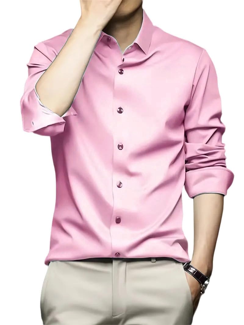 Indoprimo MenS Satin Shirt With Full Sleeves Spread Collar Neck Line Solid Pattern Western Style Classic Fit And Standard Lengt