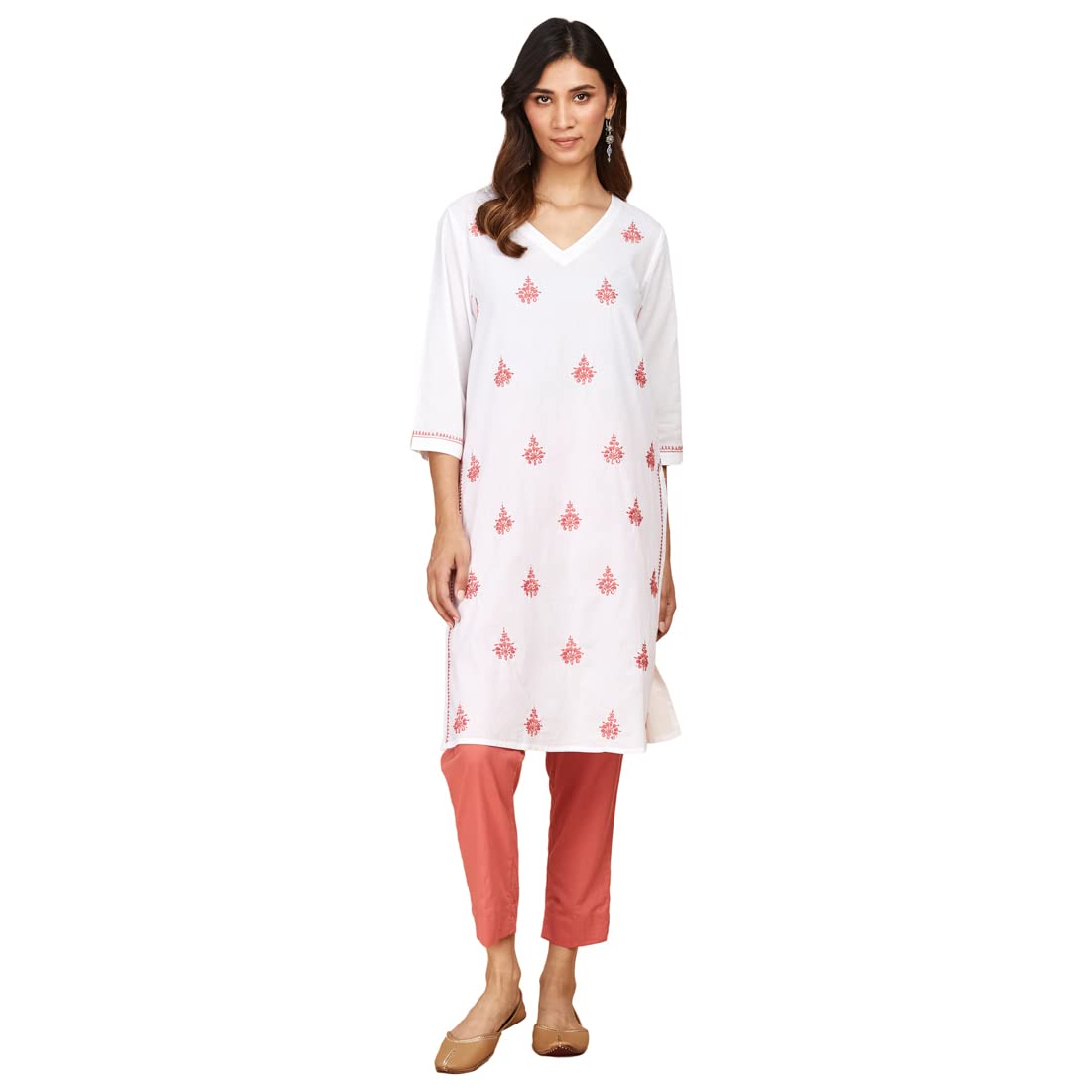 Fabindia WomenS Cotton Embroidery Regular Kurta Knee Length (2108987White- White-Red
