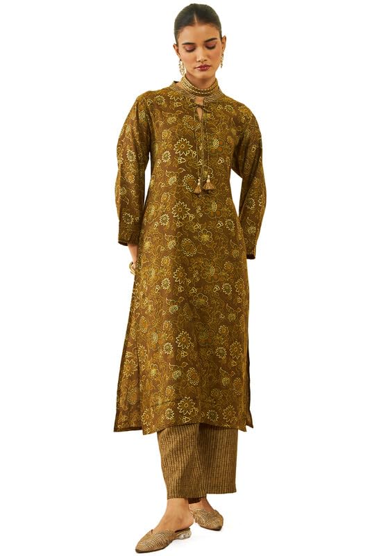 Soch Womens Brown Muslin Floral Print Straight Kurta Set with Neck Tie-Up