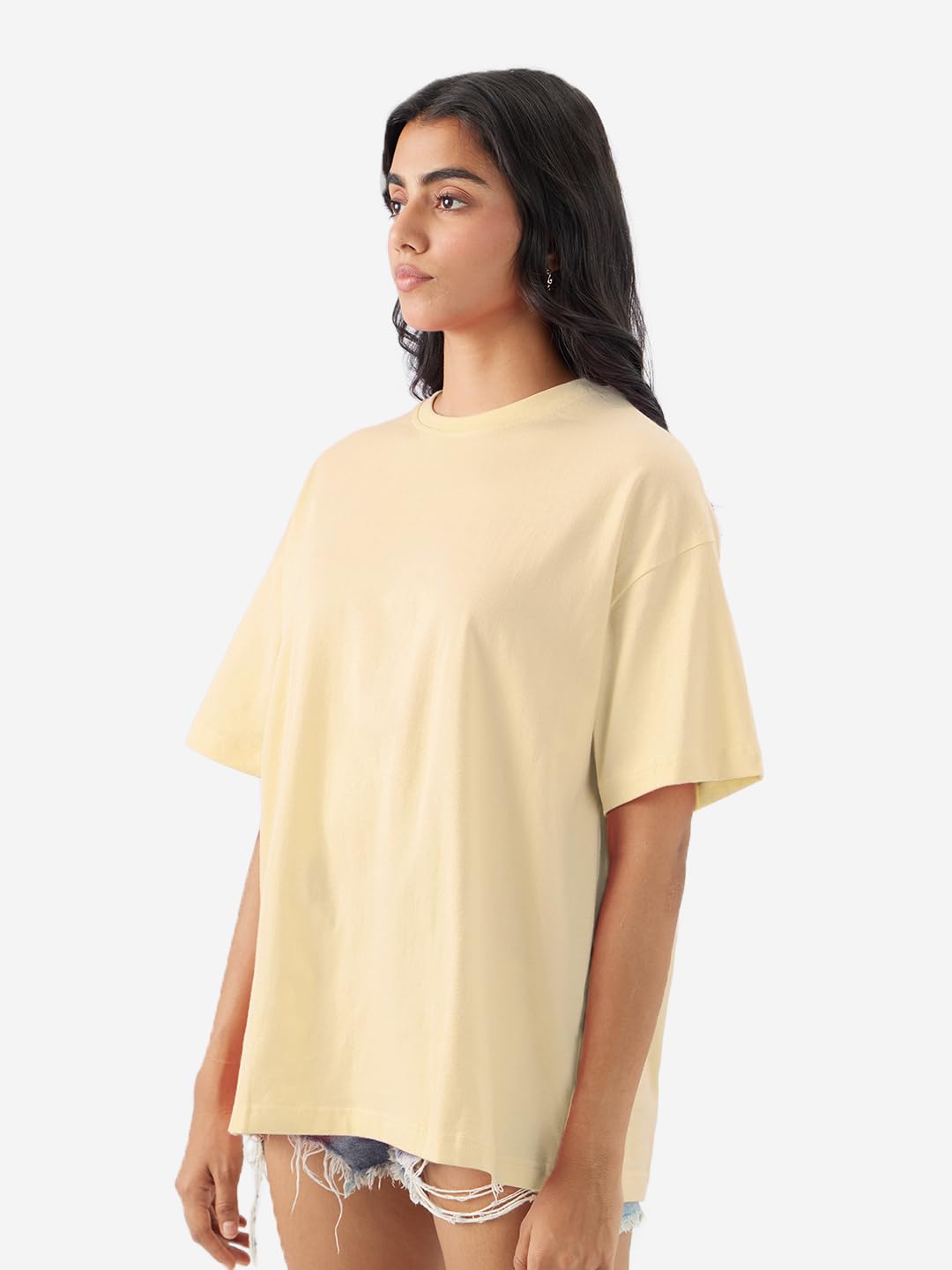 The Souled Store Solids: Off-White Women and Girls Short Sleeve Round Neck Cotton Oversized T-Shirts