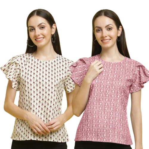 Pinkmint Combo Tops for Women Stylish Ruffle Trim Petal Sleeve Tops (Pack of 2)