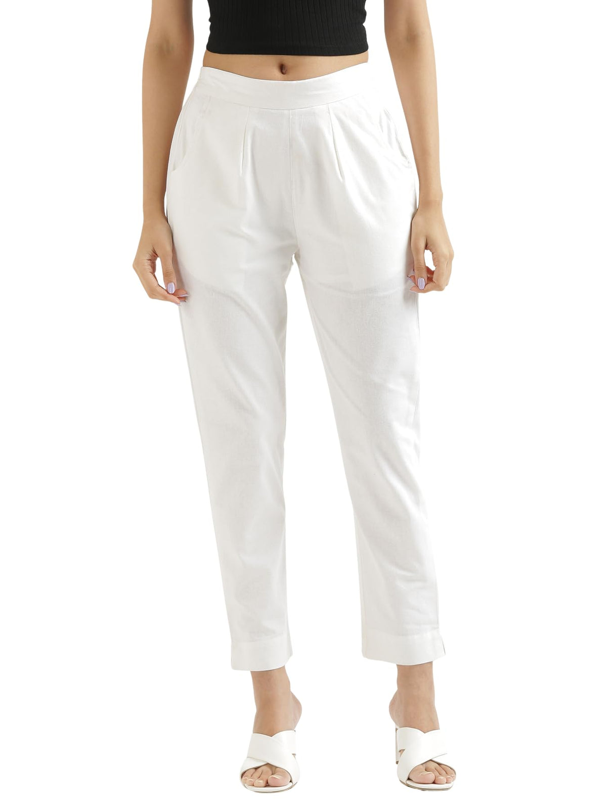 Digital Shopee Women Regular Fit Elastic Waist Full Length Cotton Formal Trouser For Casual Wear, Office Wear White