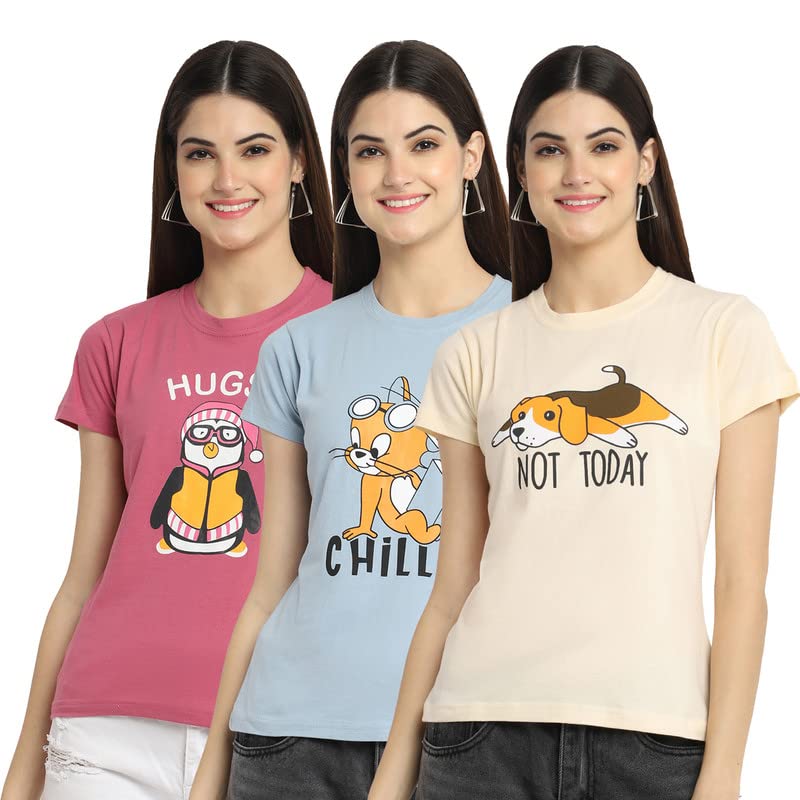 Preneum Womens Cotton Regular Fit Latest Graphic Stylish Printed Short Sleeves Casual T-Shirt || Latest Trendy & Styles (Pack 3