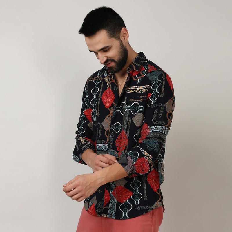 Campus Sutra Mens Crimson Red & Teal Green Artistic Block Shirt for Casual Wear | Spread Collar | Long Sleeve | Button Closure