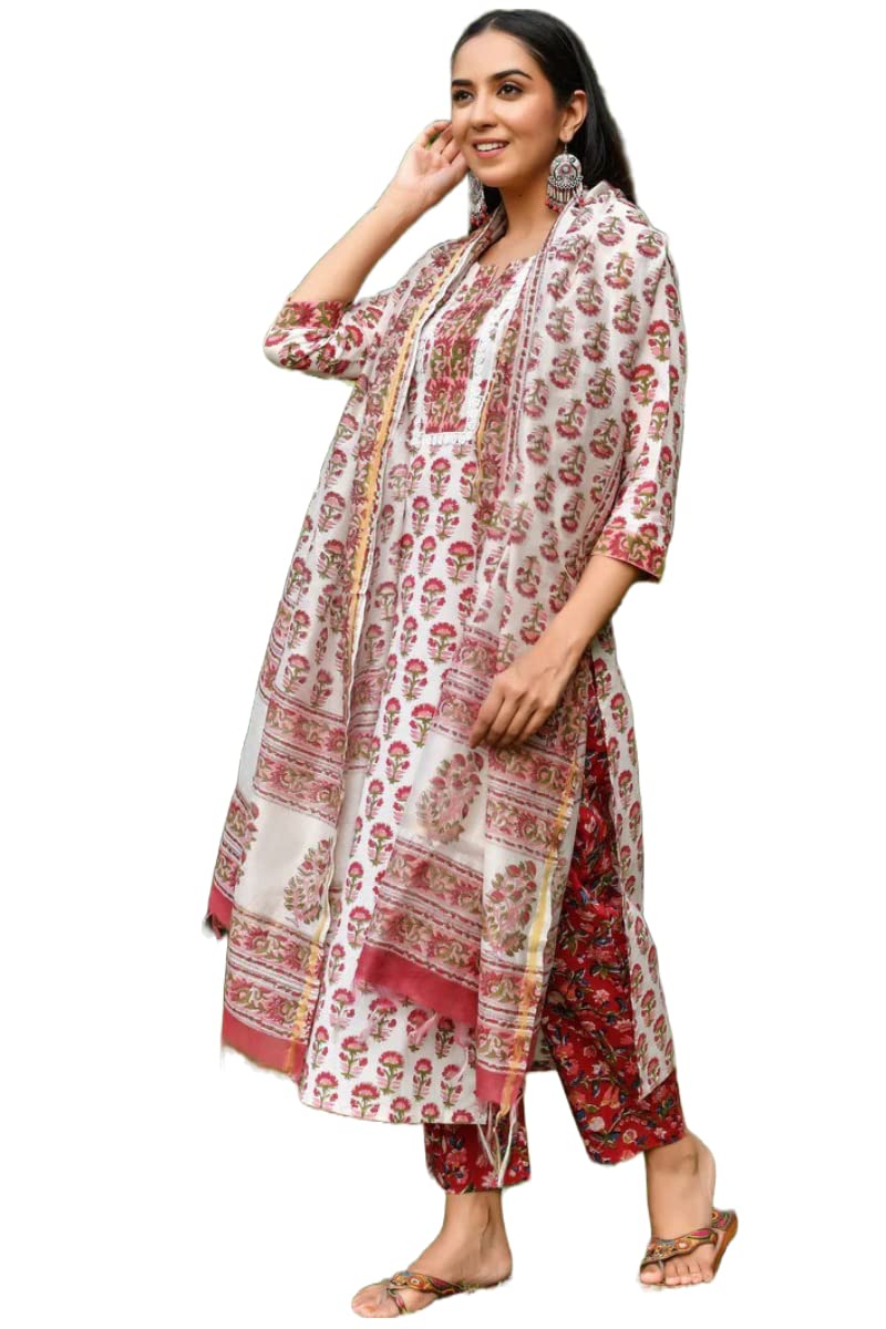 GoSriKi Women's Cotton Blend Straight Printed Kurta Set With Dupatta