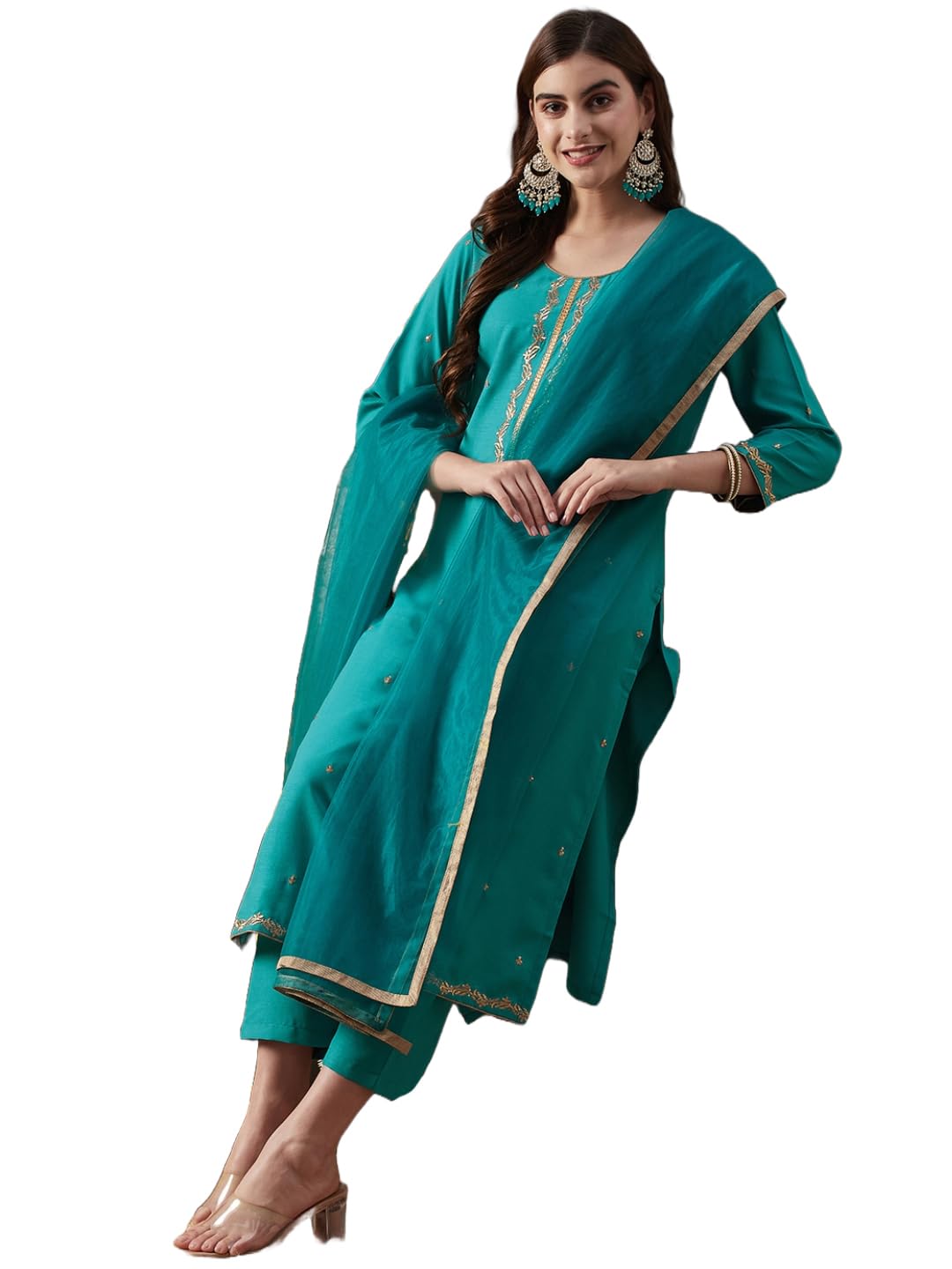 ANNI DESIGNER Womens Cotton Blend Straight Embroidered Kurta with Pant & Dupatta (Aaniyat Green-KBV_M_Green_Medium)