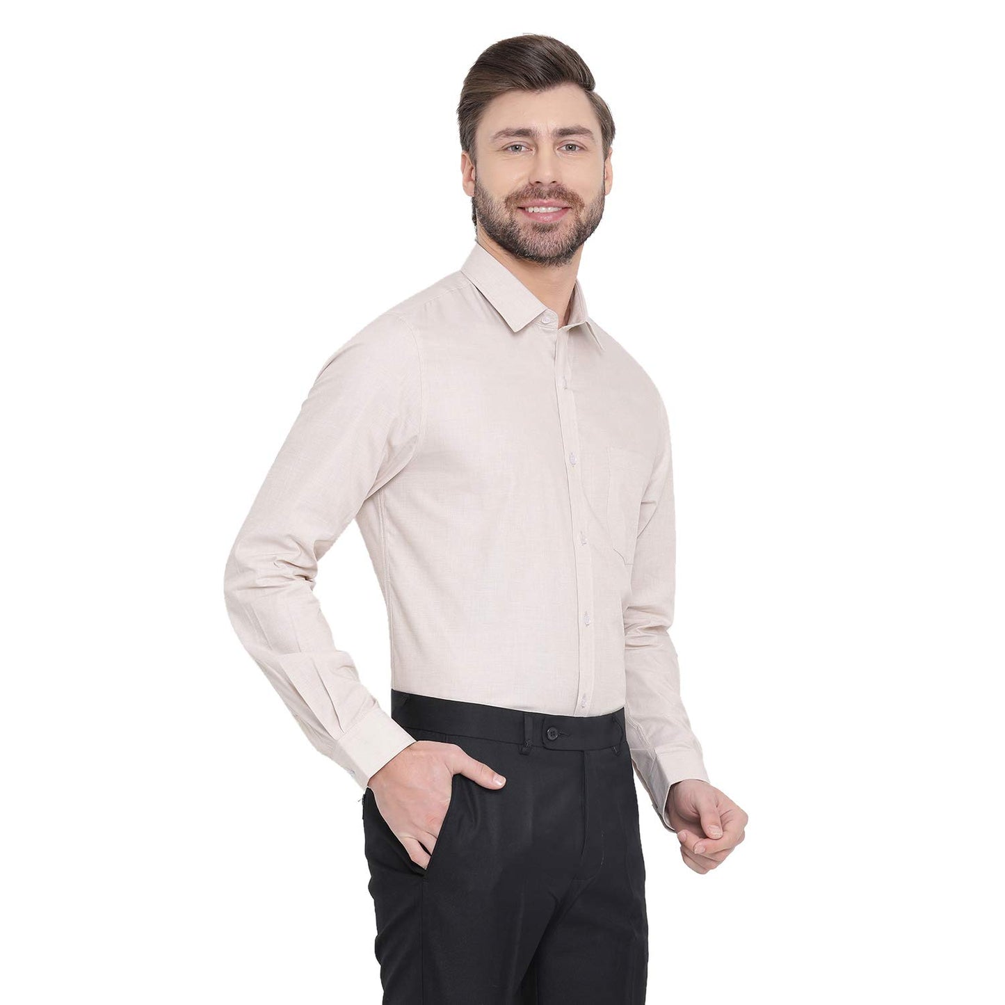 Turtle Men Beige Cotton Solid Slim Fit Formal Shirts
