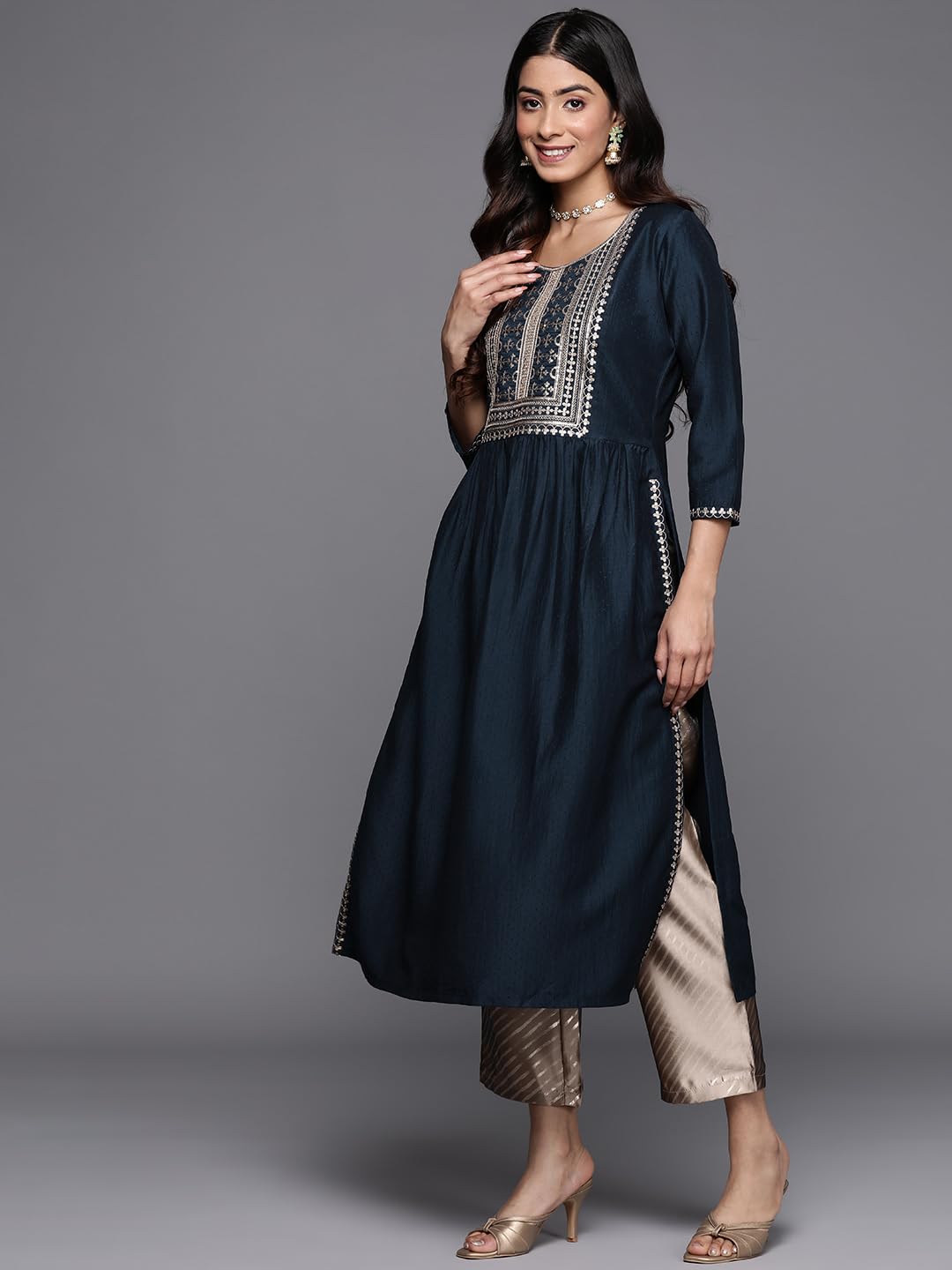 Libas Women's Embellished Silk A-Line Kurta