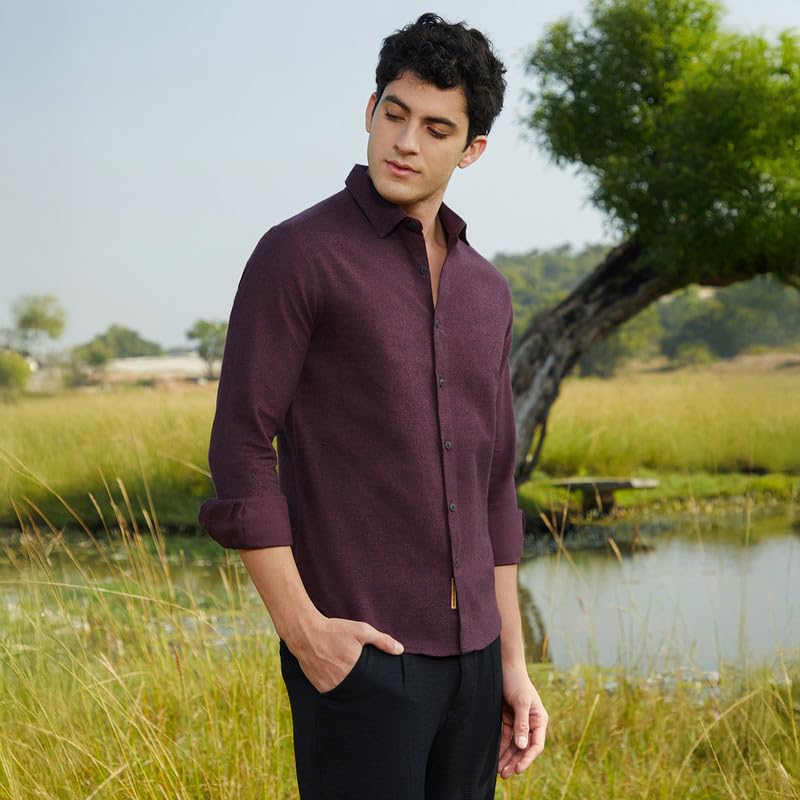 Campus Sutra Mens Wine Red Solid Cotton Shirt for Casual Wear | Spread Collar | Long Cuffed Sleeves | Button Closure | Shirt Cr