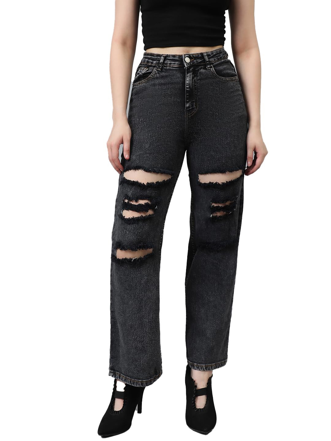 Kotty Women High Rise Cotton Lycra Distressed Jeans Onyx Black