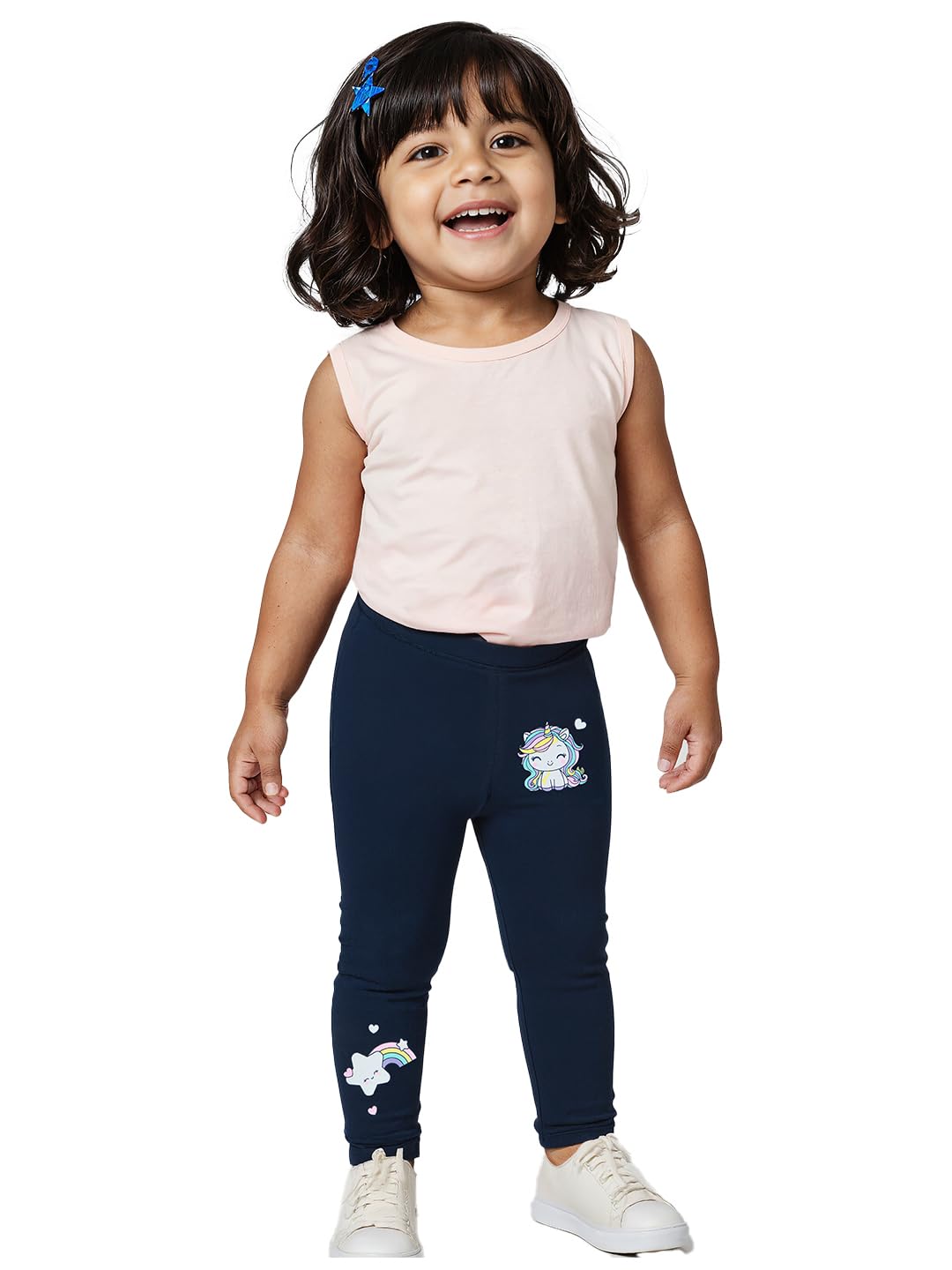 The Souled Store Rainbow Girls Navy Blue All Over Printed Regular Fit Cotton Leggings (2-8 Yrs)