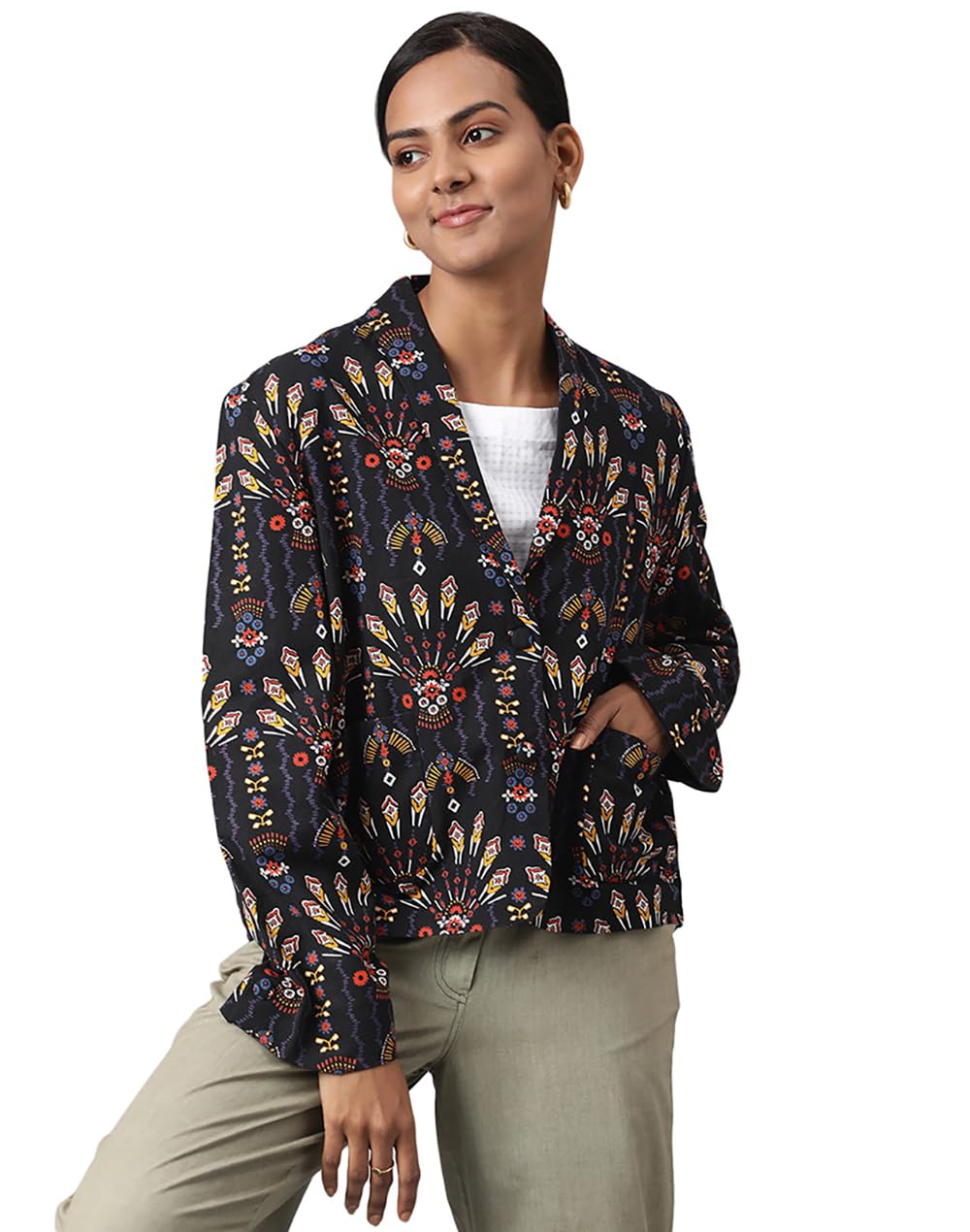 Fabindia Women Cotton Linen Geometric Jacket Black_S