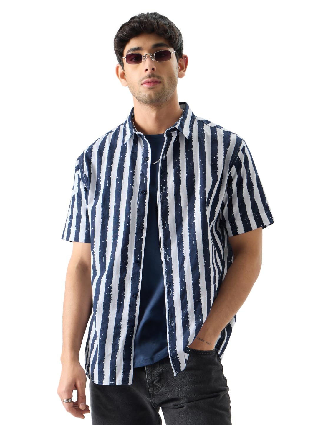 The Souled Store Men Stripes: Midnight Blue Printed Shirts Shirts Casual Button-Down Half Sleeve Printed Graphic Short Sleeve Ca
