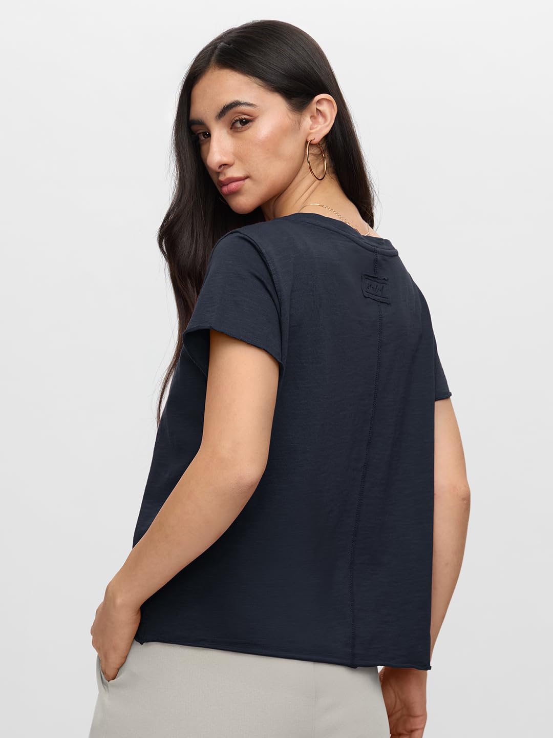 The Souled Store Slub T-Shirt: Navy Blue Women and Girls Short Sleeves Round Neck Cotton Relaxed Fit T-Shirts