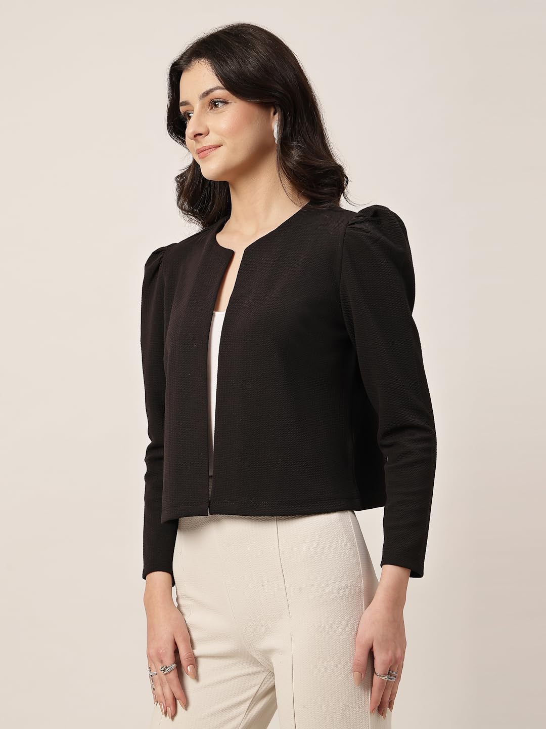 Style Quotient Women Solid Texture Black Regular Fit Open Front Shrug
