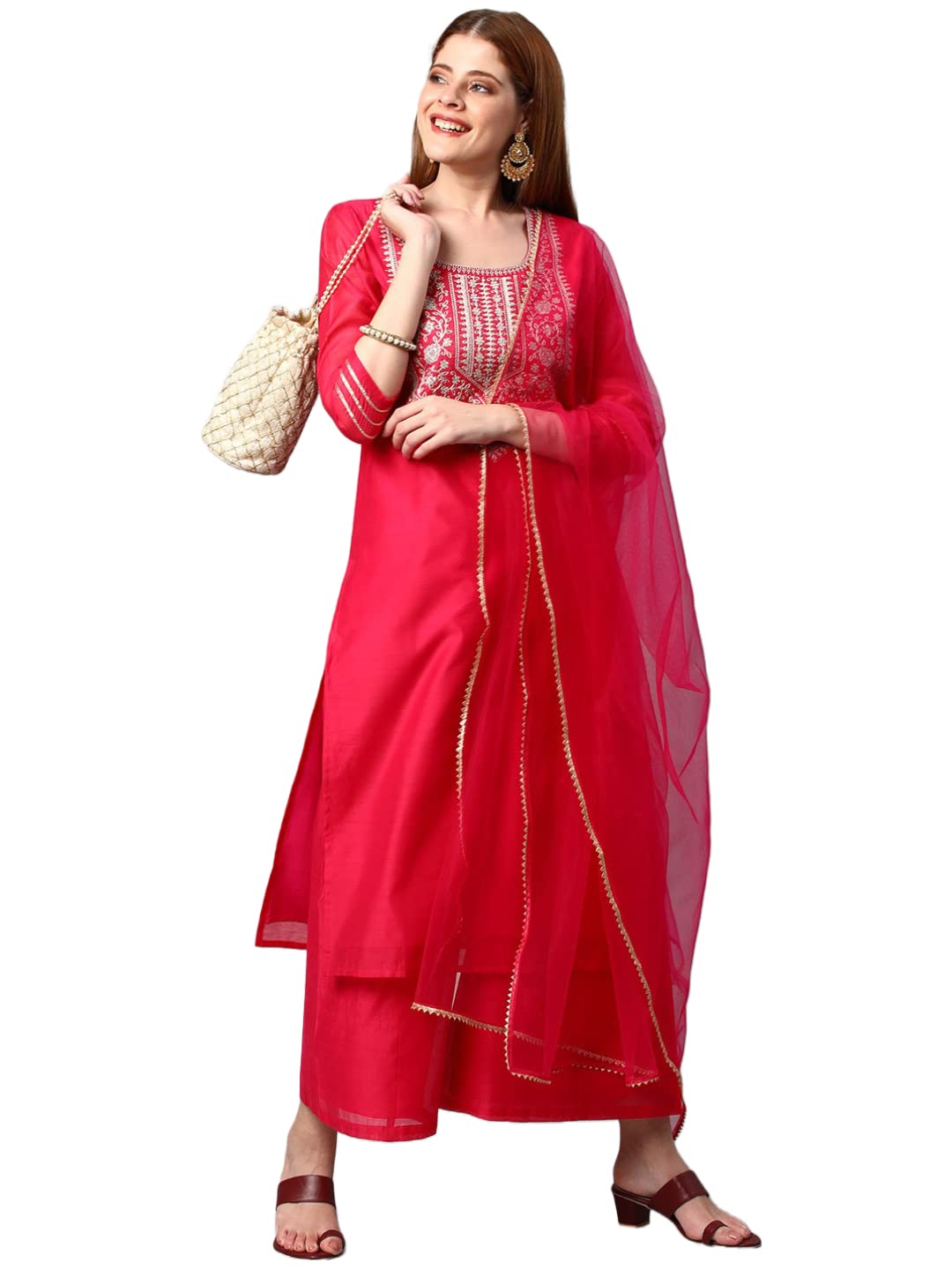 ANNI DESIGNER Womens Cotton Blend Solid Straight Kurta with Palazzos & Dupatta (DHARAN-Pink_L_Pink_Large)