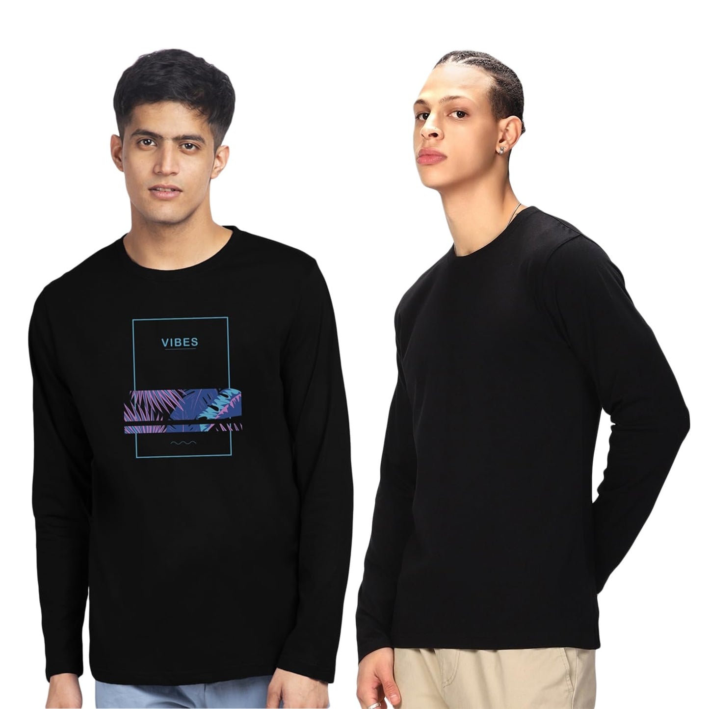 Bewakoof Mens Solid and Vibe Printed 100% Cotton T-Shirts (Pack of 2) - Regular Fit, Round Neck, Full Sleeves_601678_Black_M