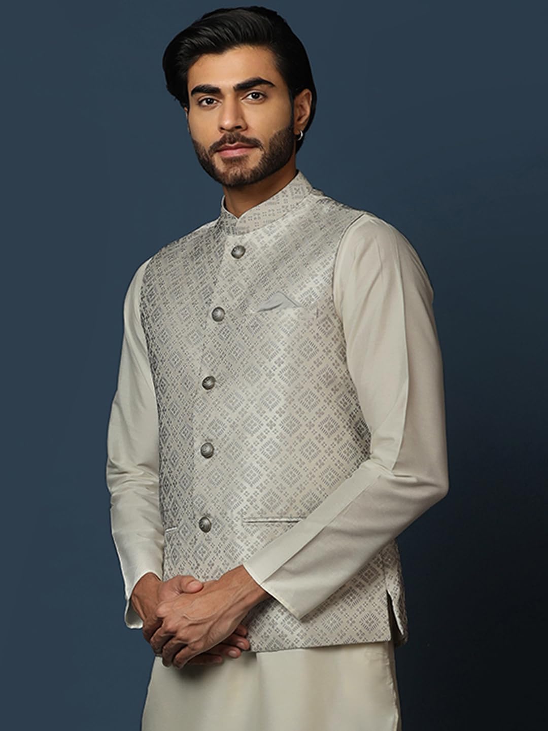Kisah MenS Nehru Jacket Ethnic Festive Grey Waistcoat Cotton, Regular Fit
