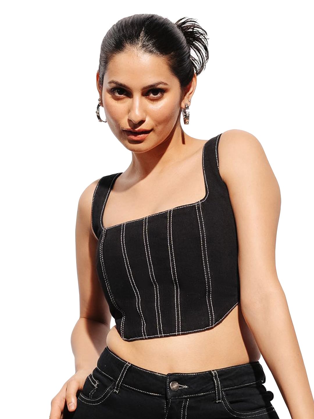 Shasmi Womens Solid Slim Fit Cotton Blouse Square Neck Denim Crop Top 158_Black