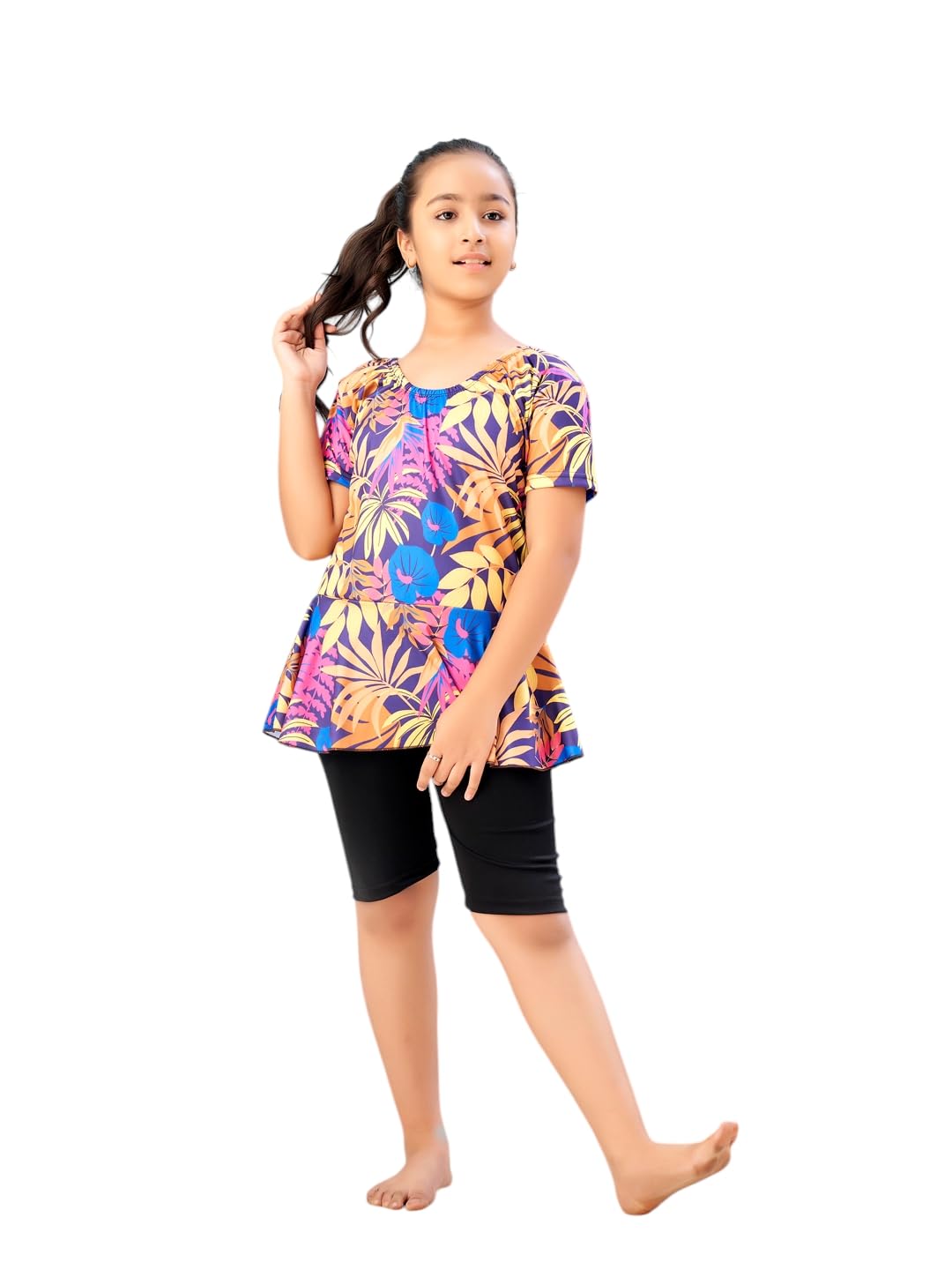 Aarika Girls Sports Wear Yellow Black Colour Floral Print Nylon Swim Suit (5-15 Years)-(SW-SHM-CA-1114)