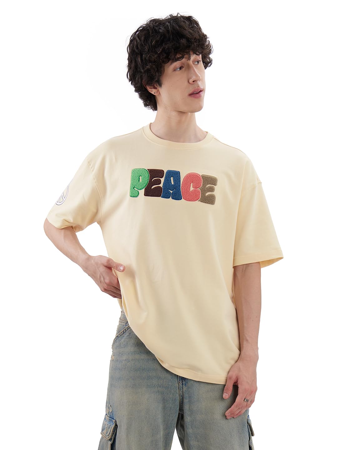 The Souled Store Peace Men and Boys Short Sleeve Round Neck Off-White Cotton Oversized T-Shirts