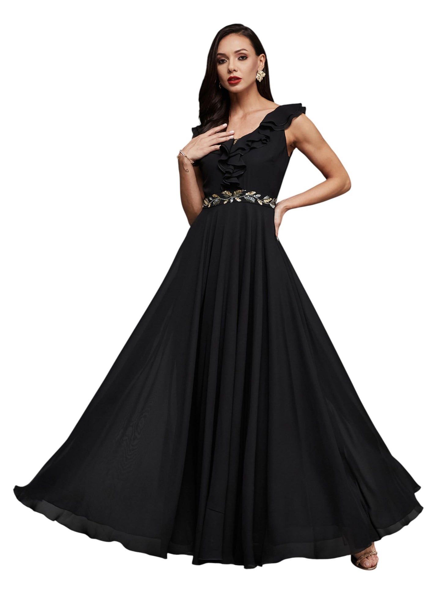 Miss Chase WomenS Sleeveless Embroideruffled Georgette Maxi Dress (Mcaw25D84-68-348-06, Pitch Black, Xl)