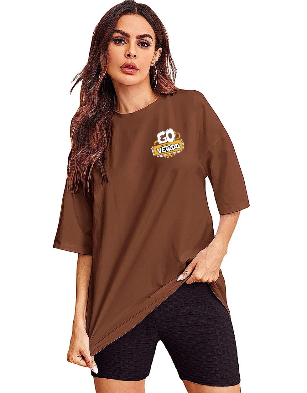 Veirdo Womens Oversize Loose Baggy Fit Drop Shoulder and Go Pocket Print Design Short Sleeve T-Shirt