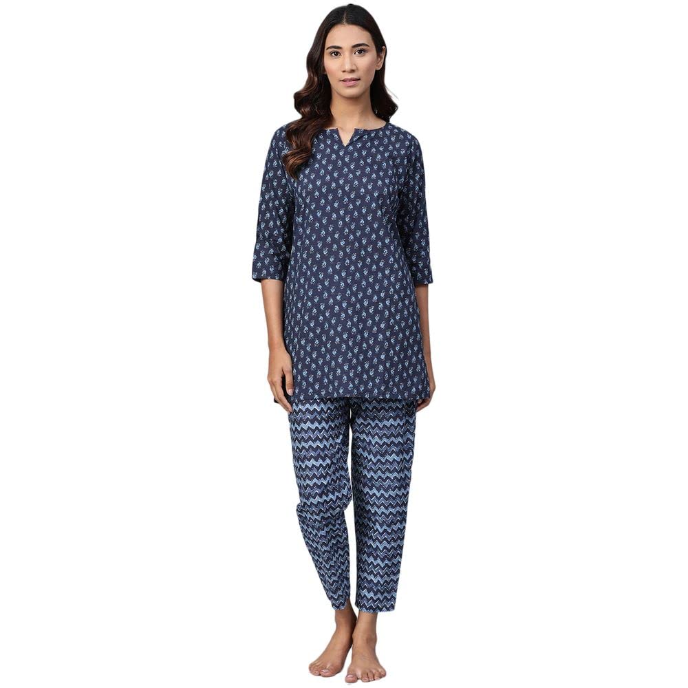 anubhutee Womens Cotton Blue Ethnic Motifs Printed Straight Night Suit with Top and Pyajamas