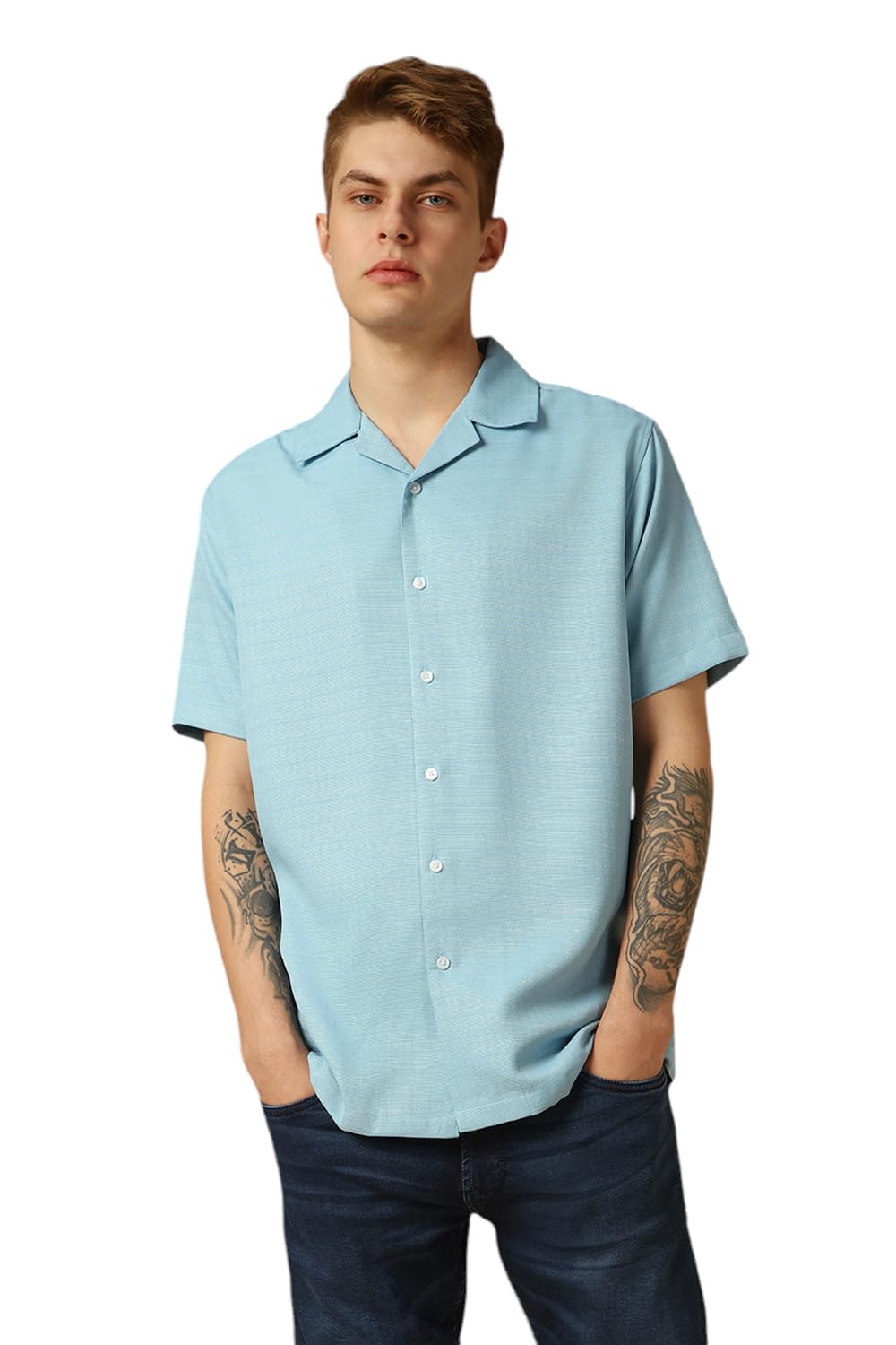 Dennis Lingo MenS Blue Half Sleeve Cuban Collar Solid Textured Relaxed Fit Casual Shirt