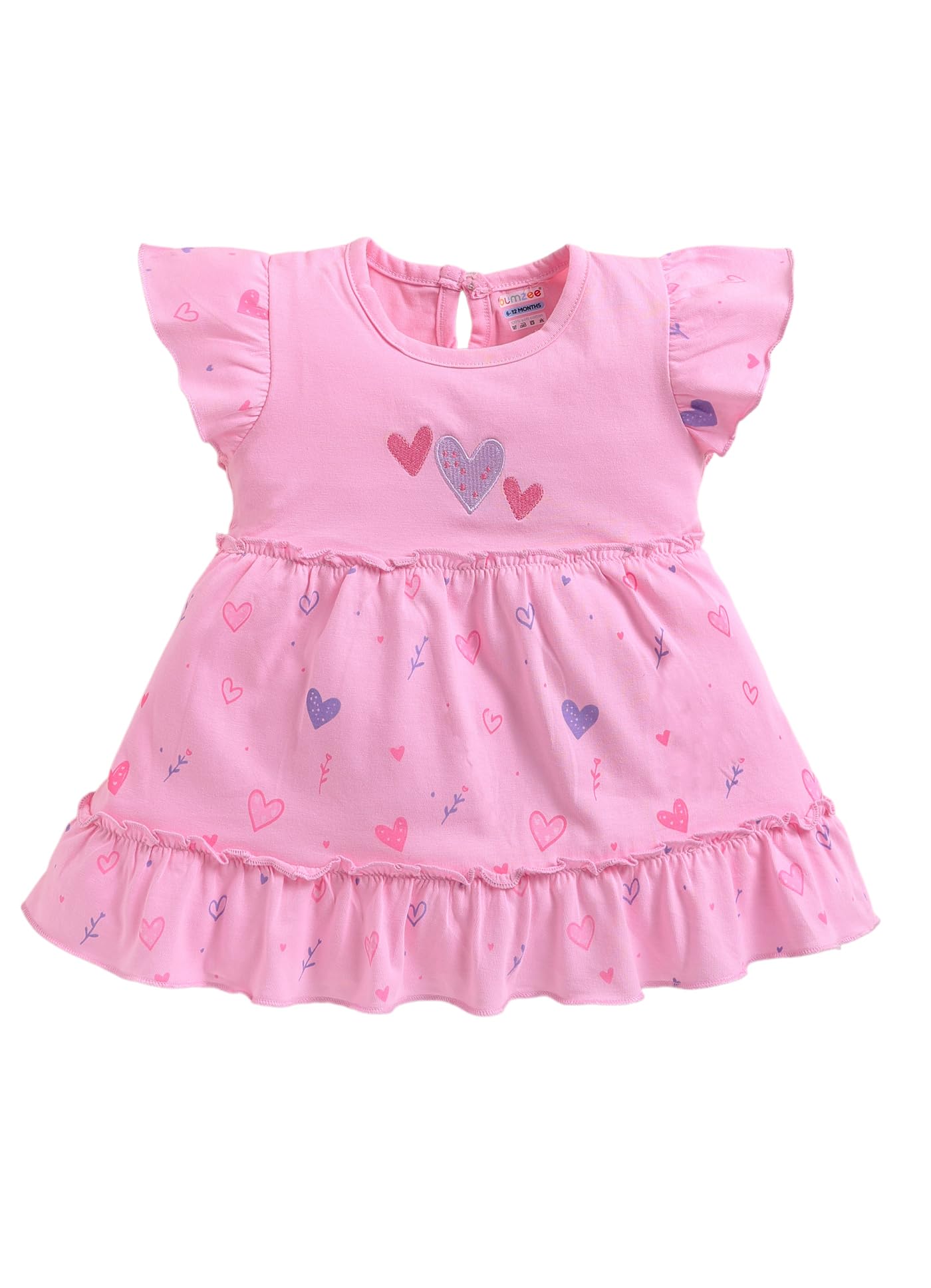 BUMZEE Girls Cotton Half Sleeves Graphic Print Above Knee Length Frock/Dress Pink - 6-12 Months (Peb11363C-pnk)