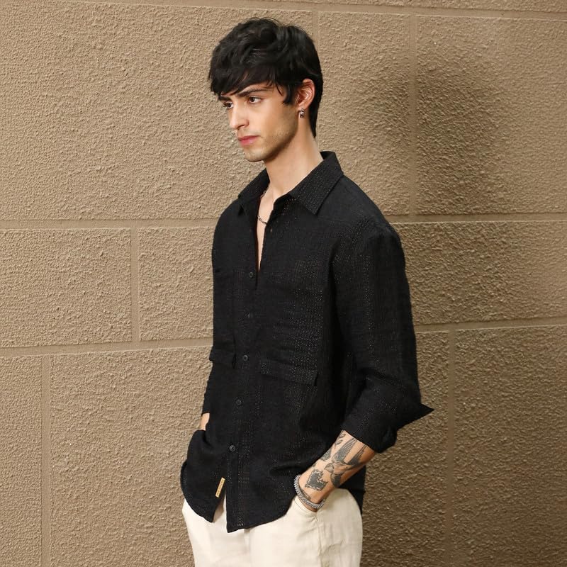 Campus Sutra Mens Midnight Black Straw-Tactile Utility Oversized Shirt for Casual Wear | Spread Collar | Long Sleeve | Button C