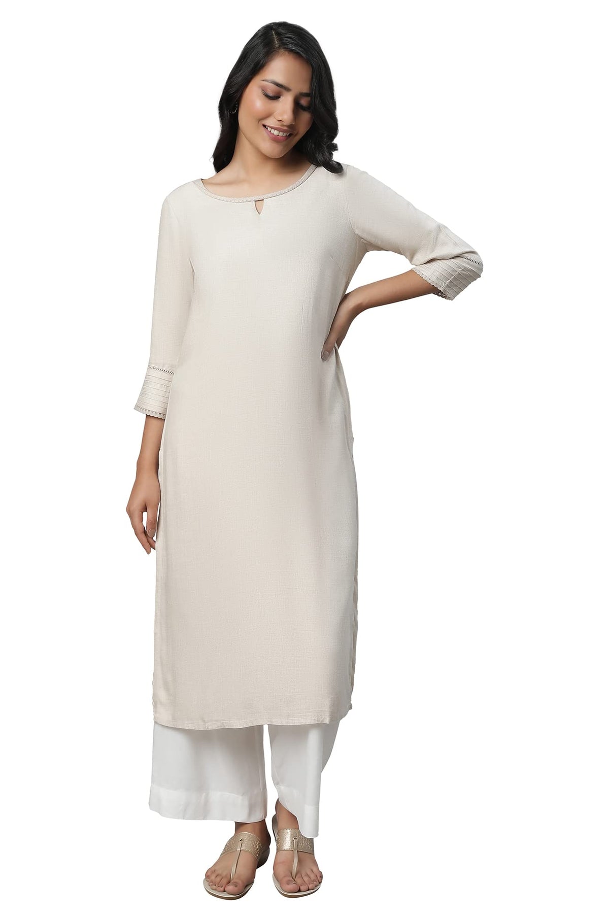 Aurelia Beige Solid Straight Long Kurta With Lace