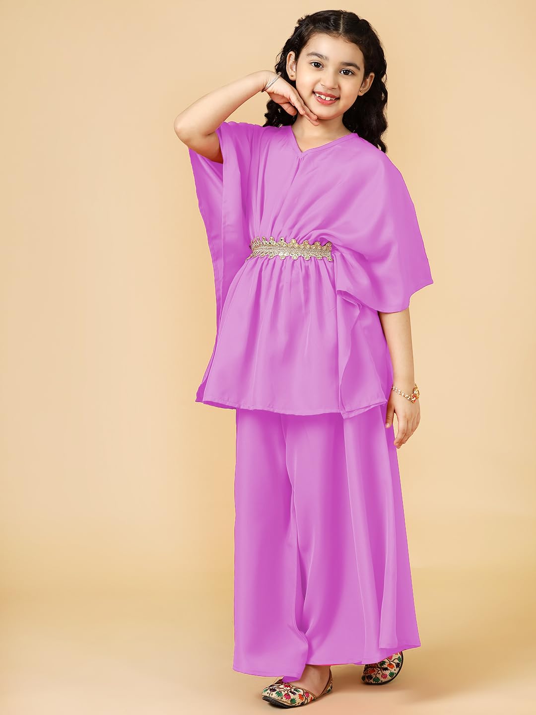 A.T.U.N. (ALL THINGS UBER NICE) Girls Solid Polysilk Mauve Kaftan with Flared Pant Set