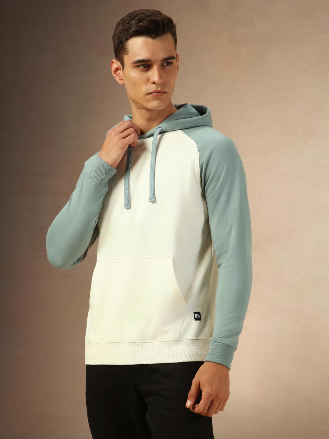 Dennis Lingo Men Regular Fit Cotton Colorblock Full Sleeves Hooded Pullover Sweatshirt Off White