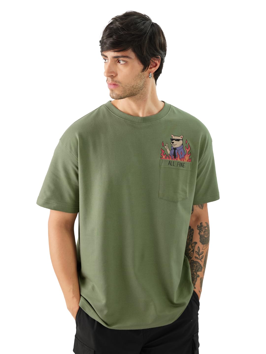 The Souled Store Ted The Stoner: All Fine Men and Boys Short Sleeves Round Neck Green Graphic Printed Cotton Oversized T-Shirts