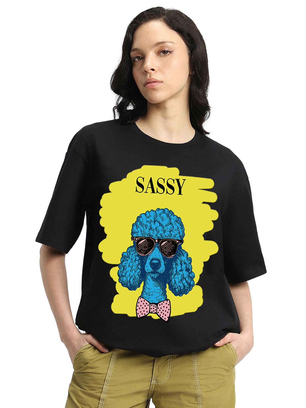 Juneberry 100% Pure Cotton Oversized Fit White Round Neck T-Shirt For Women & Girls (Sassy Front Latest Graphic Printed, Loose B