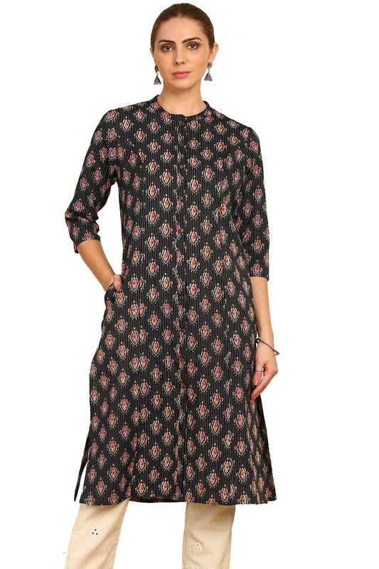 Soch Womens Black Ethnic Motif Printed Cotton Kurta with Mandarin Collar