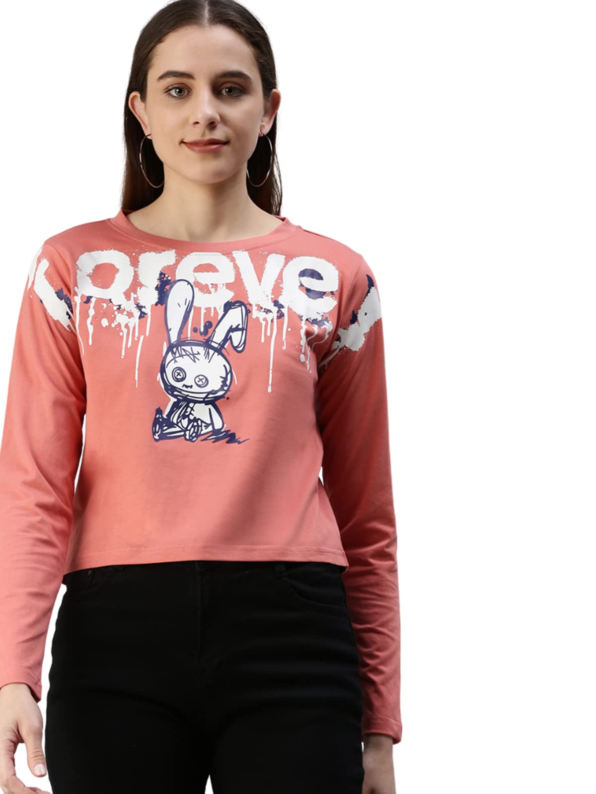 Juneberry Pure Cotton Soap Nut Graphic Forever Printed Full Sleeve Round Neck Crop-Top For Women
