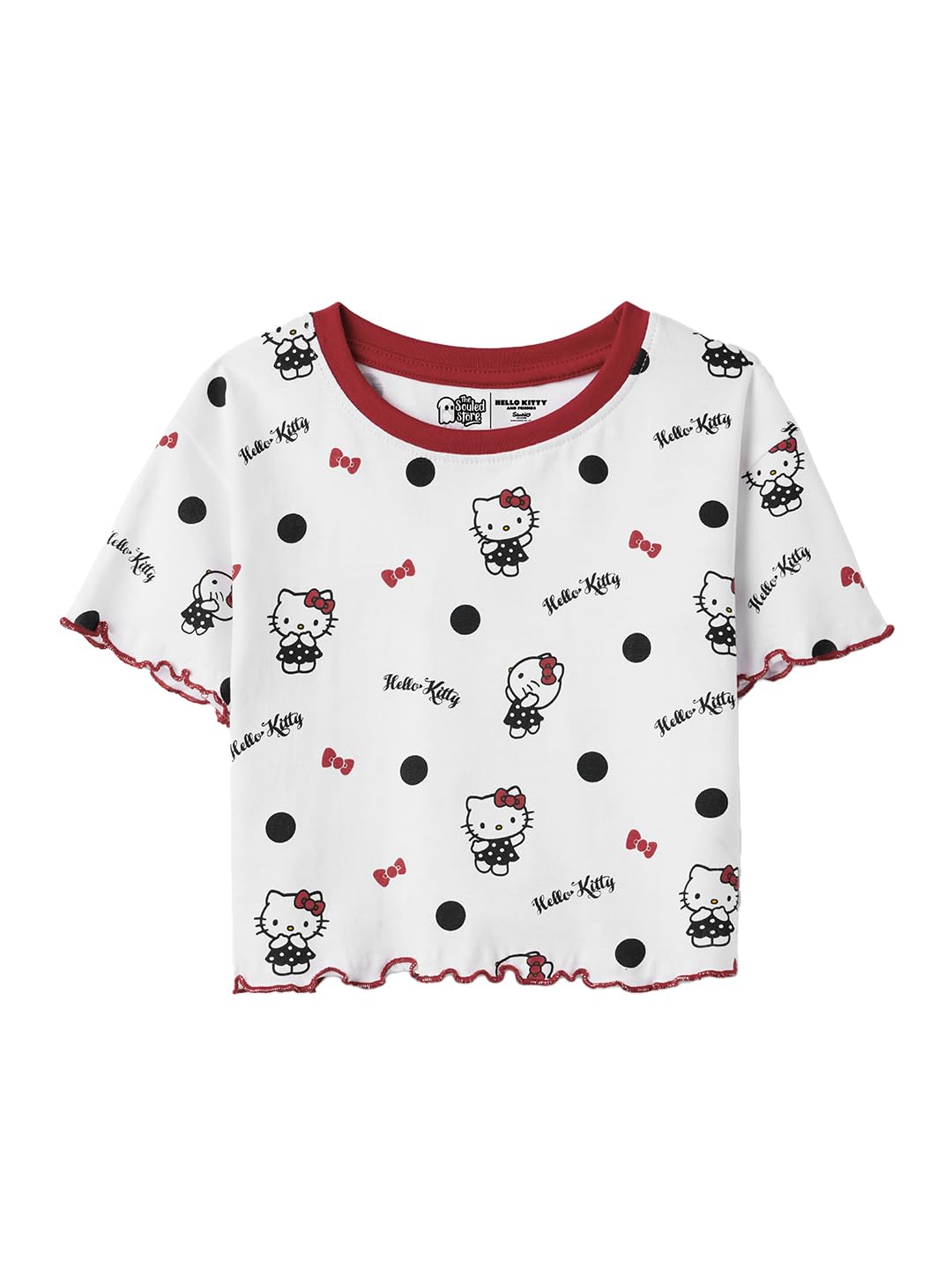 The Souled Store Official Hello Kitty: Kitty Love Girls Short Sleeves Round Neck White Regular Fit Cotton T-Shirts